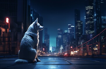 Obraz premium a dog in the street at night, generative ai