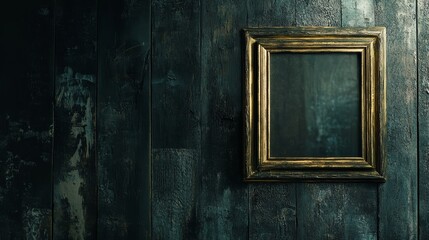 With ornate gold engravings, the frame is displayed on a dark wood background