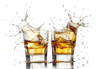 glass of whiskey splashing drink isolated on white or transparent png