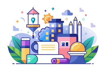 Fototapeta premium Colorful Illustration of Cityscape with Stationery and Nature Elements