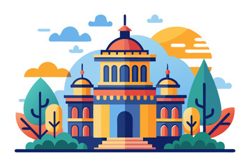 Fototapeta premium Colorful illustration of a building with dome, windows and steps, surrounded by greenery and clouds