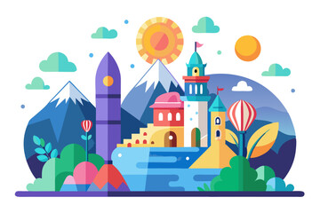 Fototapeta premium A Colorful Town Surrounded by Mountains and a Blue Sky