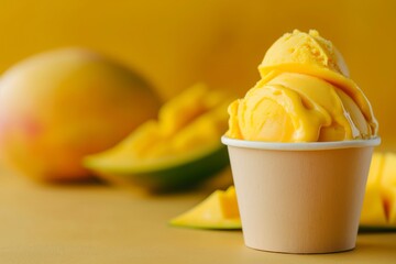 A cup of mango sorbet with fresh mango slices in the background, on a yellow surface.