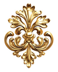 A golden baroque ornament, in 3D, is isolated on a transparent background.