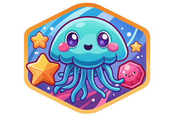 Fototapeta premium Cute Cartoon Jellyfish with Stars and Gemstone in a Hexagon