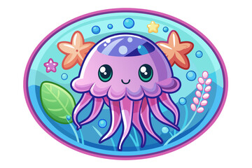 Fototapeta premium Cute Cartoon Jellyfish with Big Eyes in an Underwater Circle