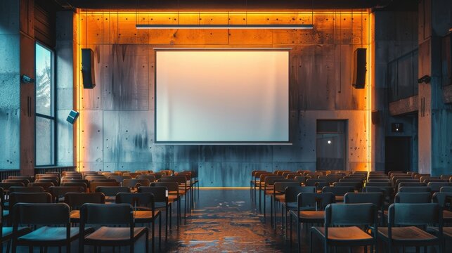 A clean and modern mockup of an empty billboard in a tech conference room. Perfect for presentations and design projects.