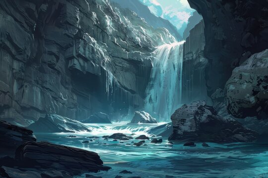 Majestic frozen waterfall in an icy cavern with a river flowing through it