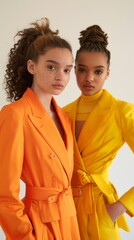 Two models stand closely together, elegantly dressed in bright orange and yellow tailored blazers. Their unique hairstyles complement the striking colors, highlighting a contemporary fashion moment
