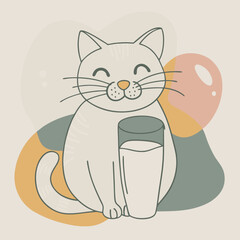 Obraz premium Smiling white cat with a glass of milk, against a pastel-colored abstract background