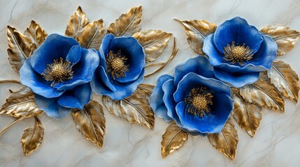 Panels of blue and gold floral 3D wall art on textured background