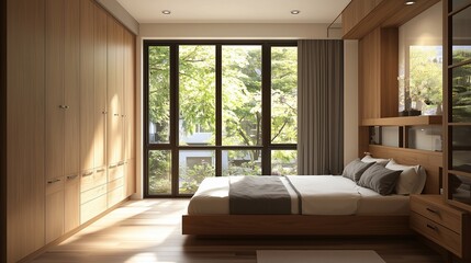 Obraz premium Cozy modern bedroom with large windows and wooden furnishings in a contemporary home