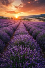 Obraz premium A vast lavender field in full bloom under a golden sunset, the purple flowers contrasting with the orange and pink sky.