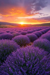 Fototapeta premium A vast lavender field in full bloom under a golden sunset, the purple flowers contrasting with the orange and pink sky.
