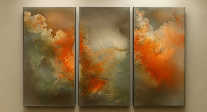 Orange and green curves adorn three abstract geometric wall art panels