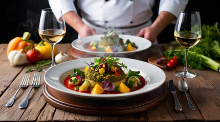 gourmet meal on a rustic wooden table, vibrant colors of fresh ingredients, close-up shot of a perfectly plated dish, steam rising from a hot dish, culinary presentation with garnishes, appetizing foo