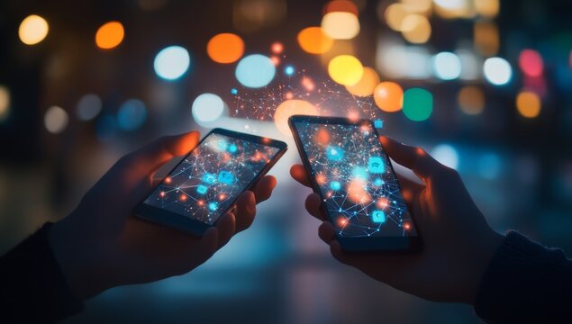 Hands Holding Smartphones with Digital Network Connection Overlay in a Vibrant Urban Night Scene