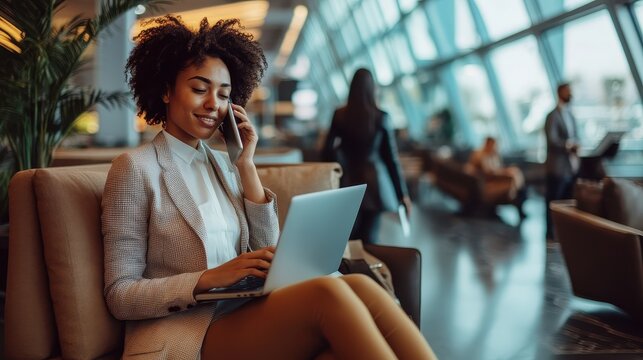 A business traveler is sitting comfortably in an airport lounge, using a laptop while talking on the phone, preparing for their journey