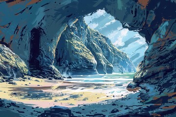Mysterious Rocky Beach Cave Overlooking Ocean Waves and Mountains