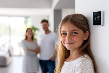 Obraz premium Happy Family with Child Using Smart Home Technology in Modern Living Room