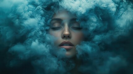 surreal portrait of woman with head enveloped in dreamy cloud ethereal atmosphere with soft pastels conveys introspection mental health awareness and emotional complexity