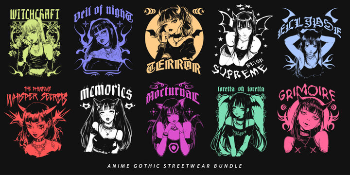 Anime japanese t shirt designs bundle, anime gothic streetwear graphic t shirt vector set, girl dark art streetwear design collection