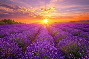 Obraz premium A vast lavender field in full bloom under a golden sunset, the purple flowers contrasting with the orange and pink sky.