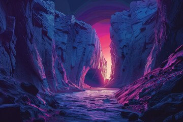 Mystical journey through a surreal canyon illuminated by a distant sun