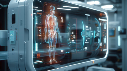A high-tech medical scanner with a transparent display, showing 3D anatomical models, real-time diagnostics, and treatment suggestions. Generative AI.