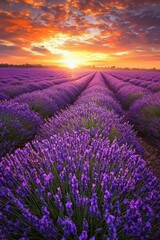 Obraz premium A vast lavender field in full bloom under a golden sunset, the purple flowers contrasting with the orange and pink sky.
