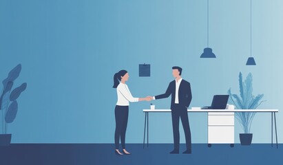 Obraz premium Business people shaking hands in a blue office, one woman holding a laptop and three men holding a desktop