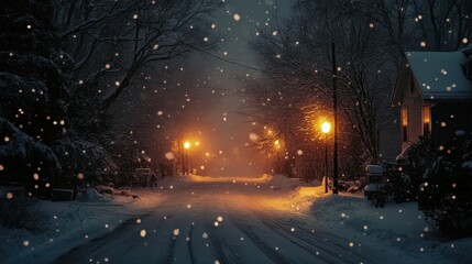 Serene Winter Night: Snowfall on Quiet Street with Illuminated Streetlights