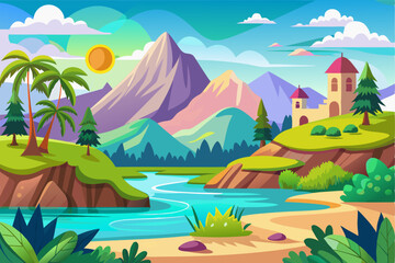 Fototapeta premium A Serene Landscape with a Winding River, Majestic Mountains, and Lush Vegetation