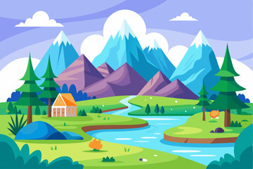 Obraz premium Serene Mountain Landscape with Winding River and Cottage