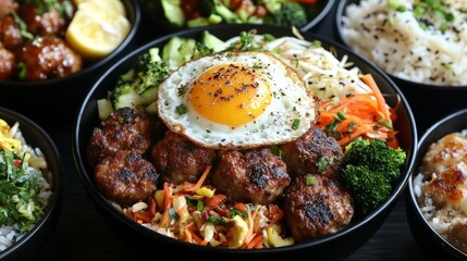 Closeup of a bowl of rice meatball fried egg and vegetables The fried egg has black pepper sprinkled on top and sits atop the other ingredients