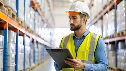 A warehouse supervisor overseeing operations with a view of rows of racks and products.
