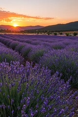 A vast lavender field in full bloom under a golden sunset, the purple flowers contrasting with the orange and pink sky.