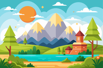 Naklejka premium A picturesque mountain landscape with a lake and a small house