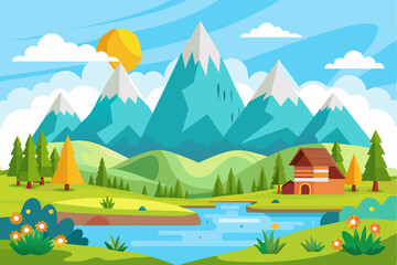 Obraz premium Picturesque Mountain Landscape with River and Cabin