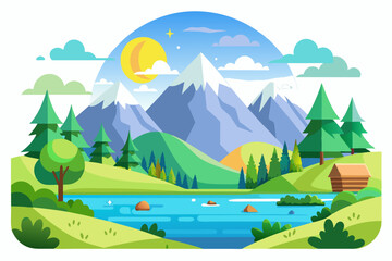 Obraz premium Mountain Landscape with a River, Trees, and a Cabin