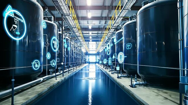 A state-of-the-art water treatment plant with digital icons representing water testing equipment and various purification processes