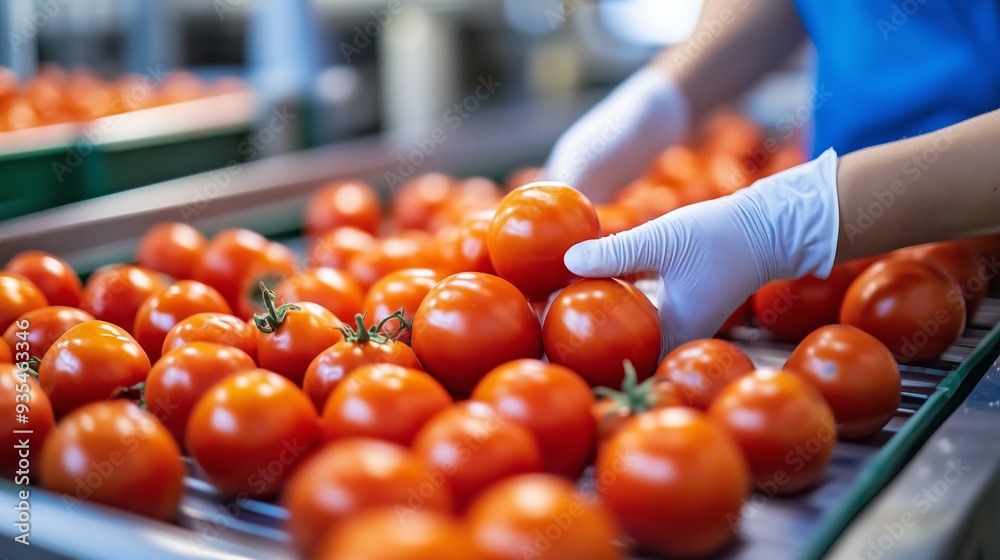 Wall mural worker inspecting and sorting ripe tomatoes in a produce processing facility