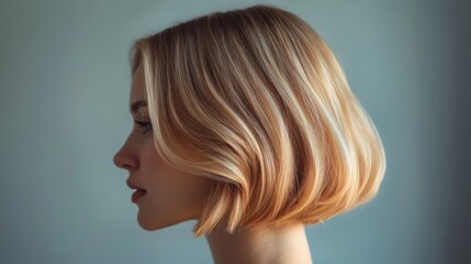 Naklejka premium A woman showcases a modern bob haircut, featuring blonde highlights, while posing in profile against a subtle blue backdrop.