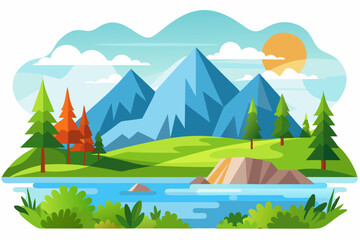 Obraz premium Mountainous Landscape with River, Trees, and Sun