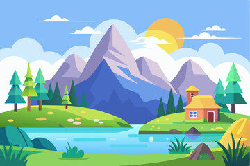 Obraz premium A Picturesque Mountain Cabin by a River