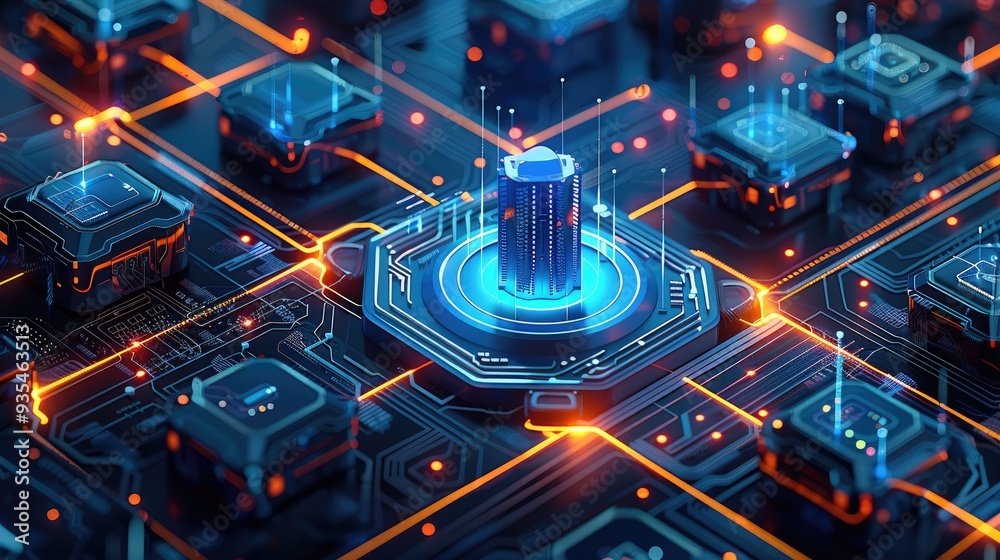 Poster A conceptual illustration of AI-driven cybersecurity systems protecting digital infrastructures from cyber threats. Generative AI.