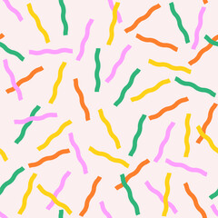 Abstract seamless pattern of multicolored long chaotic wavy stripes on a light background, confetti, flat style