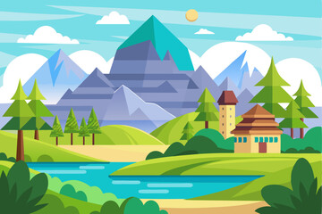 Obraz premium Idyllic Mountain Landscape with a River and a Cottage