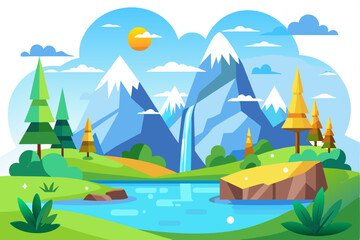 A picturesque landscape with a waterfall, mountains, and a lake.