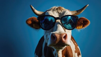 Sunglass-wearing cow standing against a blue studio backdrop. AI generative.